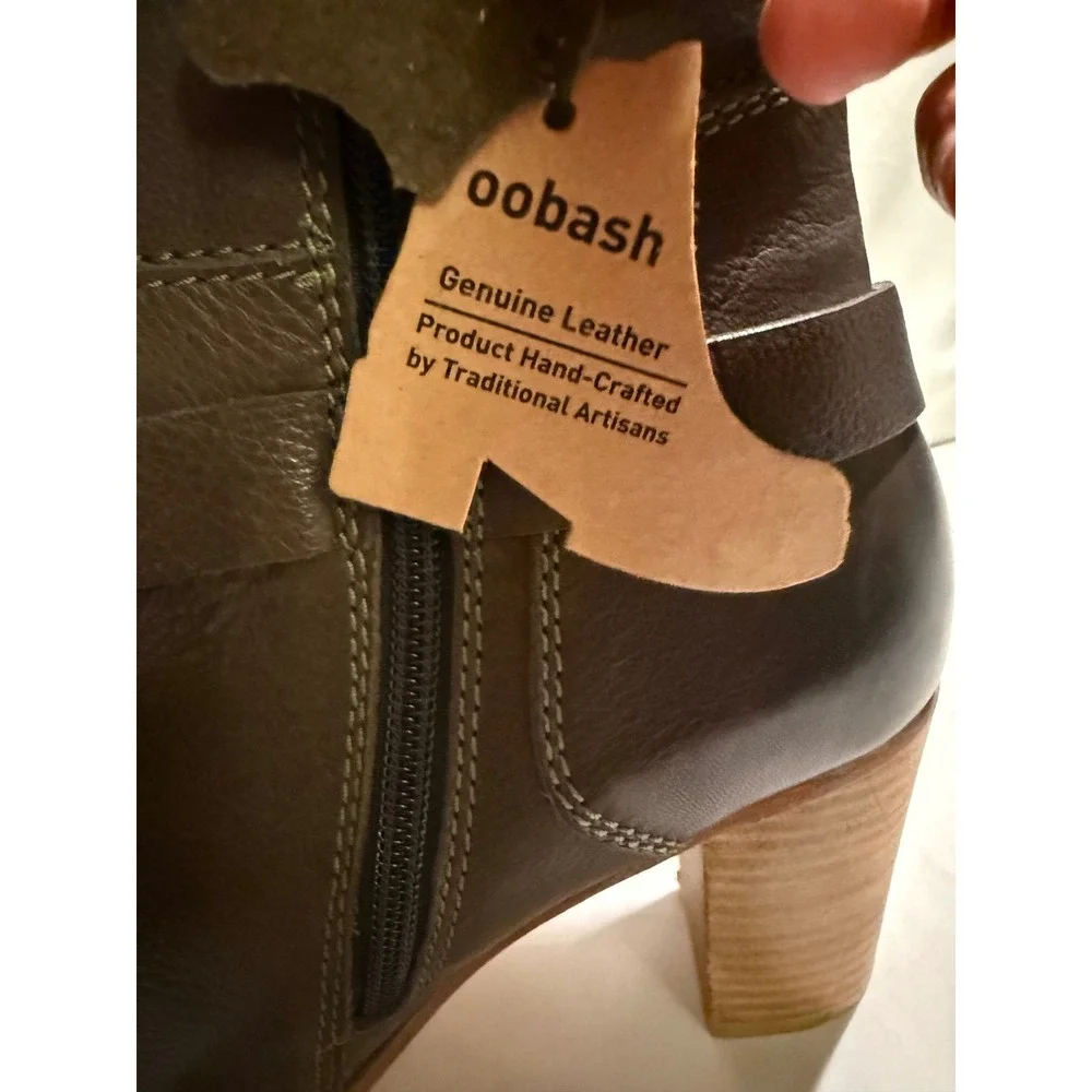 Oobash Women Olive Green Leather Harness Ankle Boots Handcrafted Block Heel 9